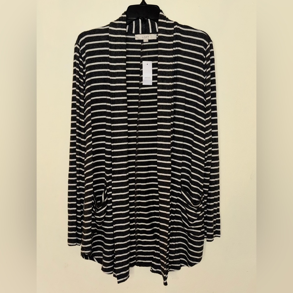 LOFT Charcoal and White Striped Knit with Pockets Cardigan